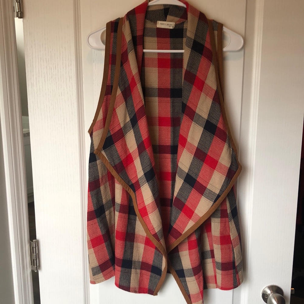 Plaid Vest with faux leather trim-Navy, Red and Tan